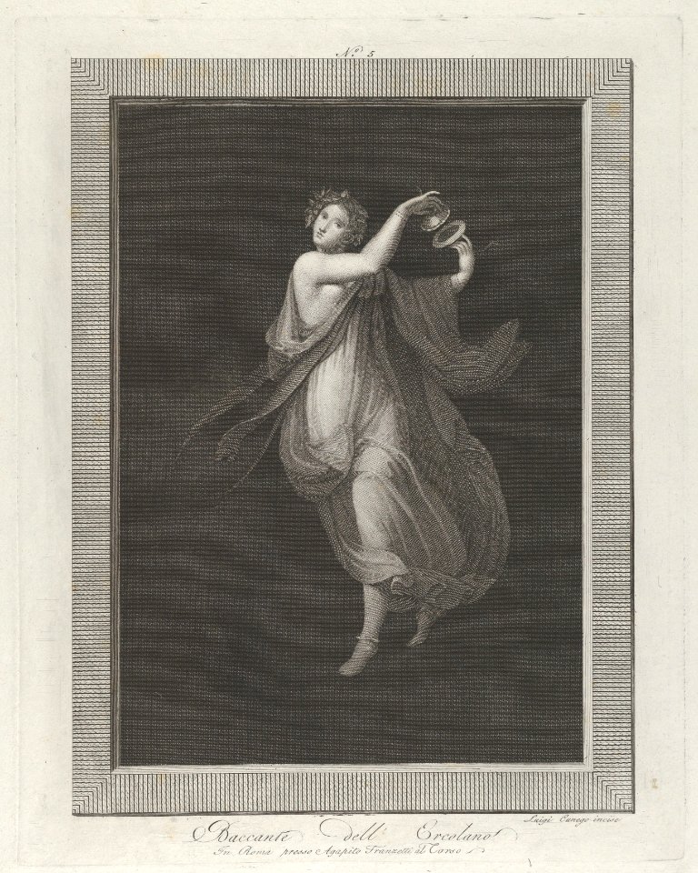 A bacchante, a garland on her head, and playing cymbals, set against a black background inside a rectangular frame MET DP842052