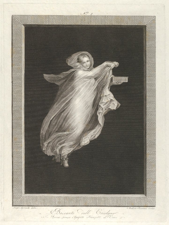 A bacchante wearing a hooded shawl and holding a box in her left hand, set against a black background inside a rectangular frame MET DP842058