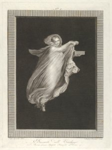 A bacchante wearing a hooded shawl and holding a box in her left hand, set against a black background inside a rectangular frame MET DP842058