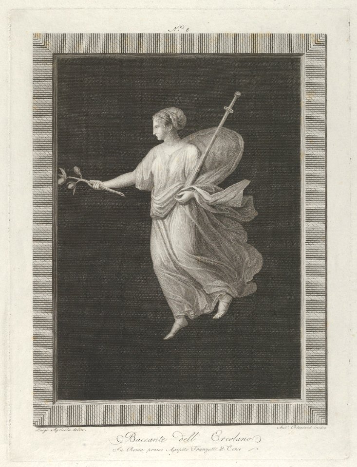 A bacchante holding a sword in her left arm and a branch with fruit in her right hand, set against a black background inside a rectangular frame MET DP842057