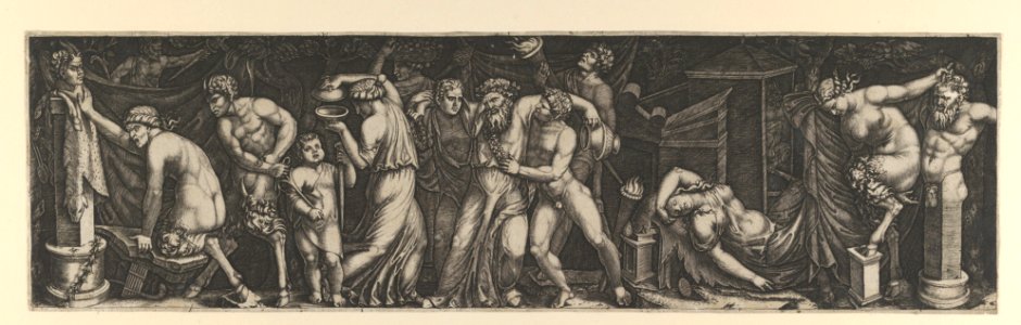 A Bacchanal, Silenus supported by two bacchants in the centre, at right a female satyr reclining on a bed and another pulling the horns on a statue of Priapus, various other figures fill the composition MET DP854162