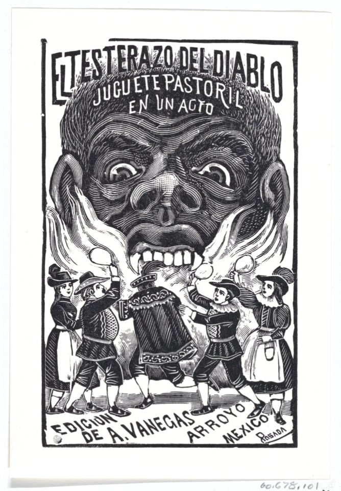 A demon breathing fire and people running around in the foreground, illustration for 'El Testerazo del Diablo,' published by Antonio Vanegas Arroyo MET DP869509