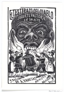 A demon breathing fire and people running around in the foreground, illustration for 'El Testerazo del Diablo,' published by Antonio Vanegas Arroyo MET DP869509