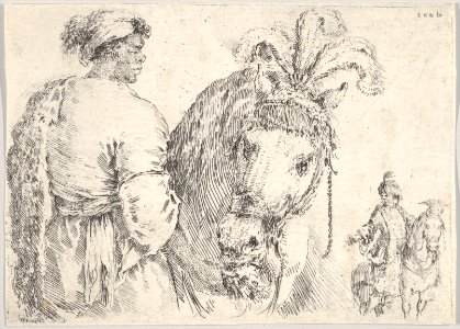 A man at left in profile giving a handful of hay to a horse at center, a horseman to the right in background MET DP831103