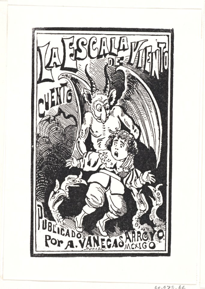 A demon holding a young boy by his shoulders over a group of vultures, illustration for 'La Escala de Viento,' published by Antonio Vanegas Arroyo MET DP869431