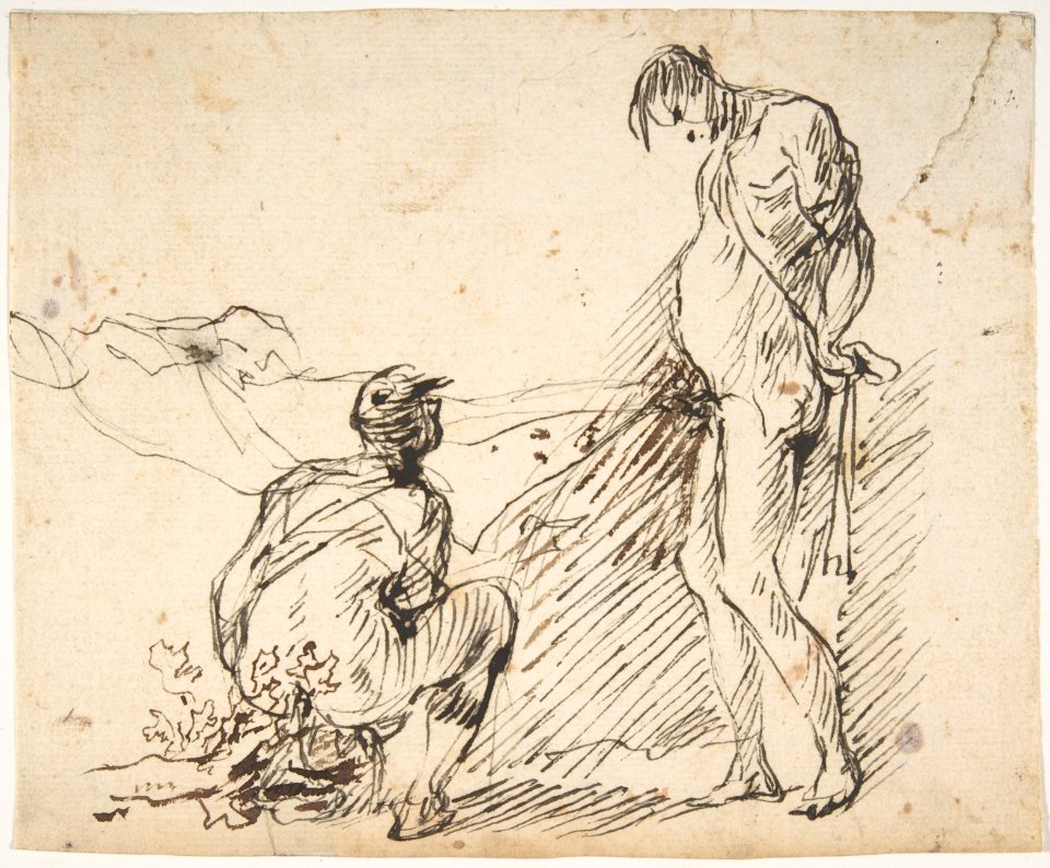 A Crouching Man Defecating and a Standing Man Urinating MET DP809905