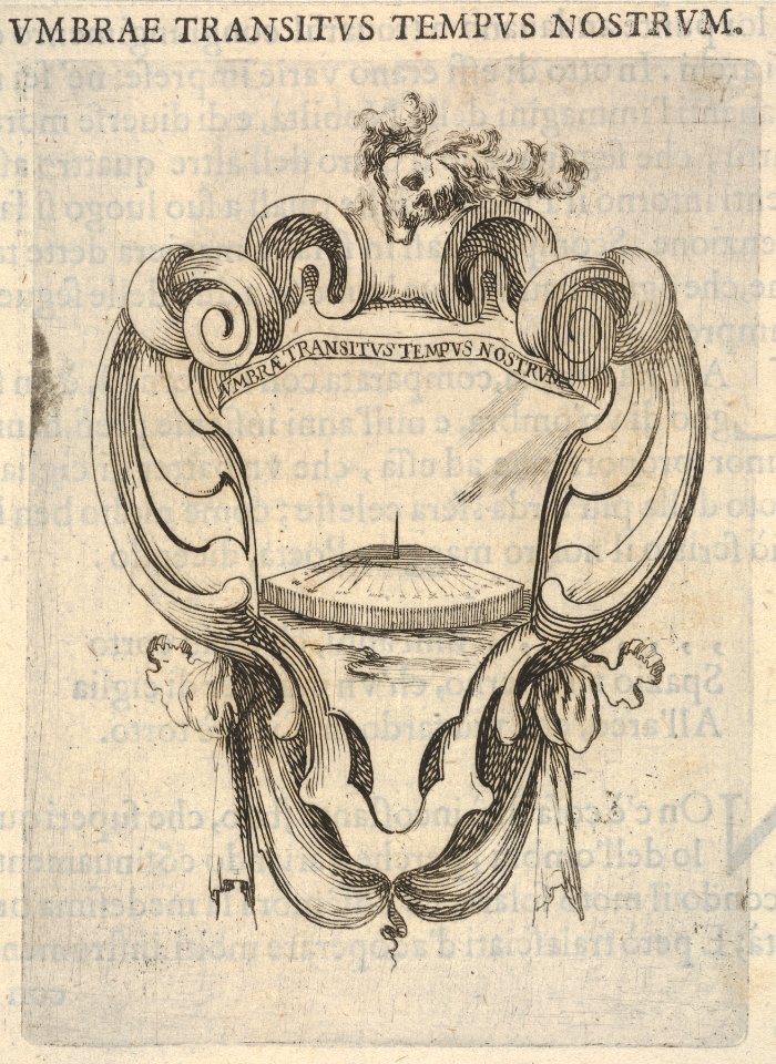 A cartouche with a sundial, a skull with feathers on its head at top, from 'Eight Emblems for the Funeral of Francesco de Medici' (Huit emblèmes pour les funérailles du prince François de Médicis) MET DP833514