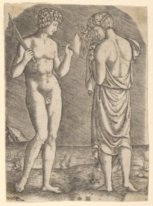 A naked man at left showing an axe to a woman at right MET DP854397