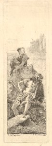 A bearded, seated man looks over his right shoulder toward a child and woman bearing a vessel, possibly a variation on a theme of Armida and Adraste from 'Jerusalem delivered' (Gerusalemme liberata) MET DP832544