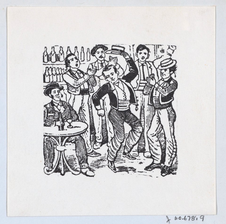 A man dancing in the middle of a crowd and taking off his hat MET DP869235-1