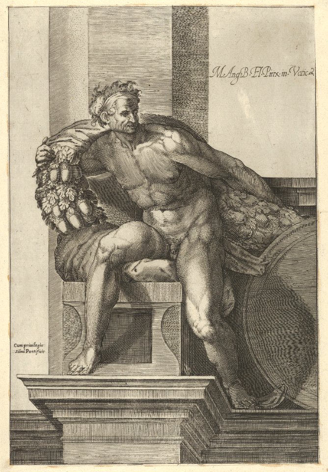 A naked man (Ignudo) with a garland with acorns over his shoulders, after Michelangelo's 'The Last Judgment' fresco in the Sistine Chapel MET DP836916