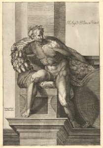 A naked man (Ignudo) with a garland with acorns over his shoulders, after Michelangelo's 'The Last Judgment' fresco in the Sistine Chapel MET DP836916