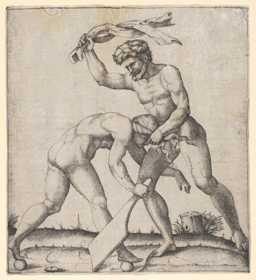 A naked man holding Fortune by the hair and whipping her MET DP854403