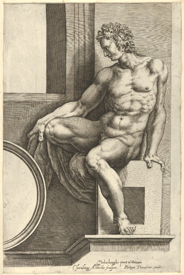A naked man (Ignudo), seated facing left, holding a piece of fabric, after Michelangelo's 'The Last Judgment' fresco in the Sistine Chapel MET DP836918