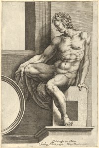 A naked man (Ignudo), seated facing left, holding a piece of fabric, after Michelangelo's 'The Last Judgment' fresco in the Sistine Chapel MET DP836918