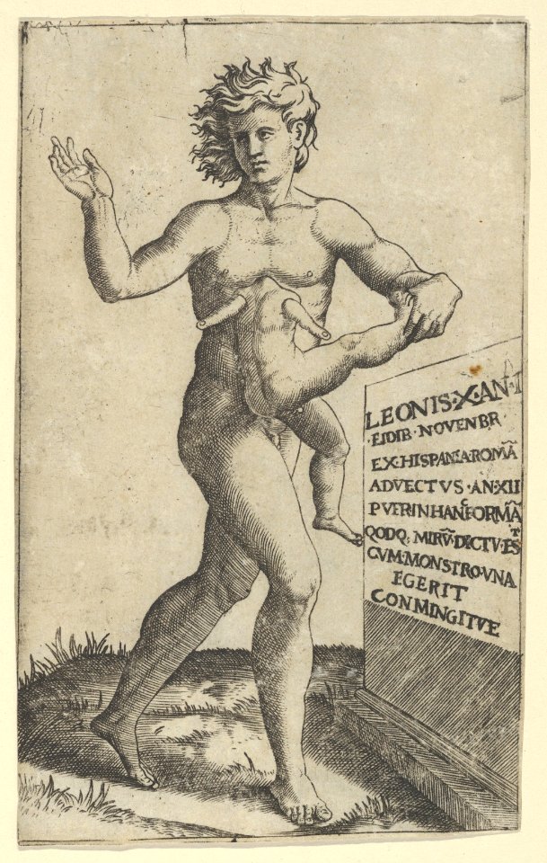 A naked youth holding in left hand a deformed child MET DP855125