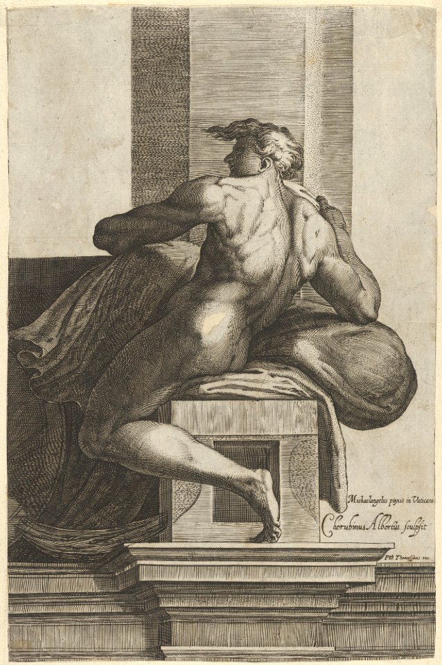 A naked man (Ignudo), seated and facing left, after Michelangelo's 'The Last Judgment' fresco in the Sistine Chapel MET DP836913