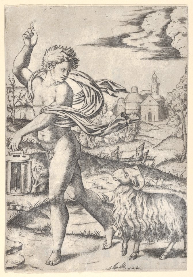 A naked young man walking left, carrying a lantern and looking backwards over his shoulder at a ram MET DP854404
