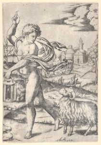 A naked young man walking left, carrying a lantern and looking backwards over his shoulder at a ram MET DP854404