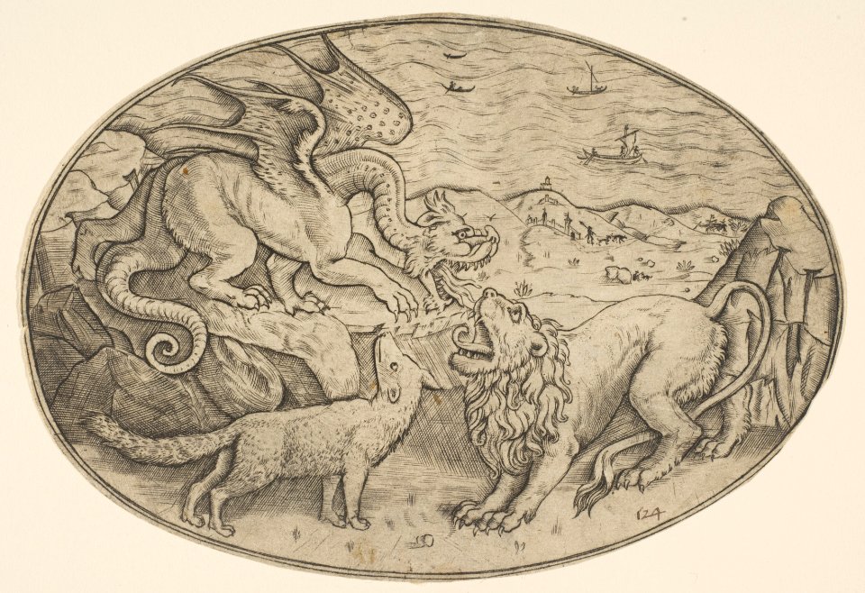 A lion, dragon and fox fighting each other, boats on the sea in the background, an oval composition MET DP818728