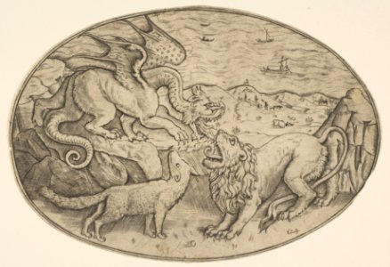 A lion, dragon and fox fighting each other, boats on the sea in the background, an oval composition MET DP818728