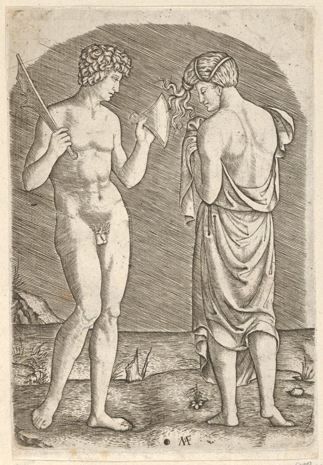 A naked man at left showing an axe to a woman at right MET DP854402