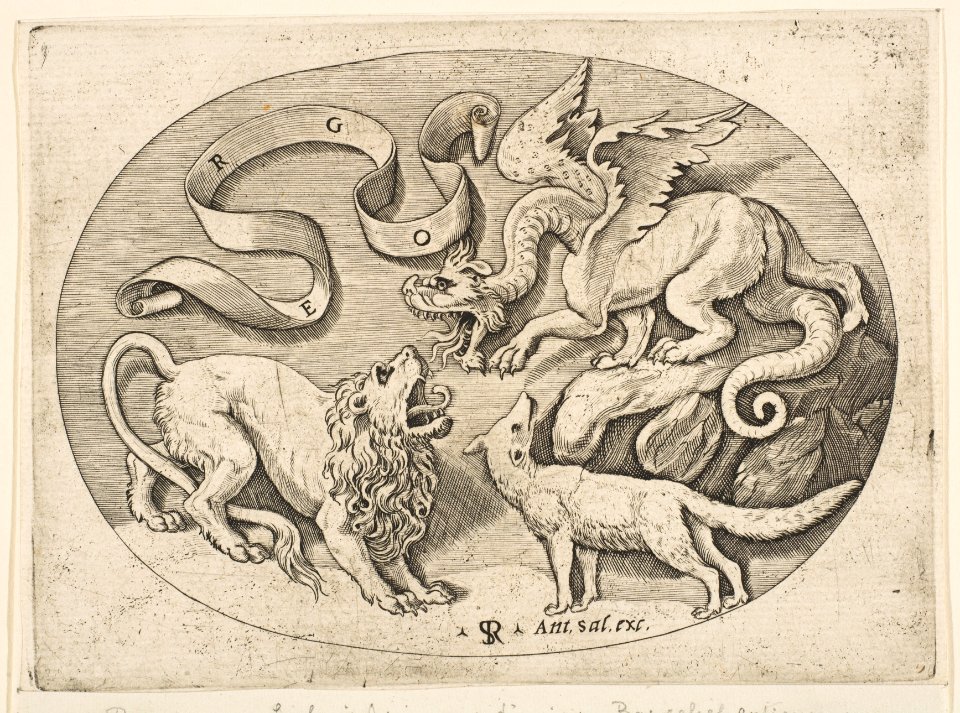 A lion, dragon and fox fighting each other, an inscribed banderole above, an oval composition MET DP818731