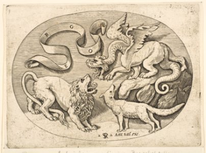 A lion, dragon and fox fighting each other, an inscribed banderole above, an oval composition MET DP818731