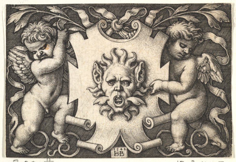A Mask on an Escutcheon Supported by Two Genii MET DP828921