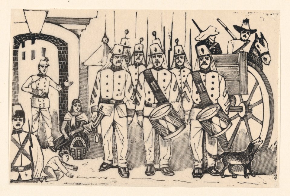 A marching band standing in a street, illustration from 'La gorra del cuartel' MET DP869584