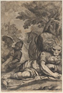 A lion atop a fallen horseman at right, with two other soldiers at left Met DP885847
