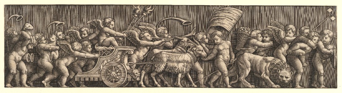 A frieze arrangement depcting the Triumph of Love; Cupid in a Chariot led by goats, many other putt filling the composition MET DP824556