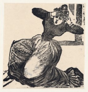 A gasping woman on the ground with her hands raised to her head, from a broadside entitled 'Gaceta Callejera' MET DP869381