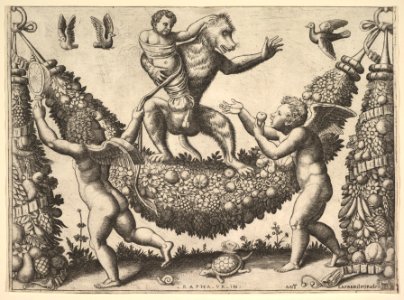 A monkey holding a bound putto standing on a garland in front of which are two winged putti, from a series of tapestries made for Leo X MET DP824476