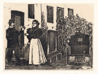 A middle-class couple outside a house with a waiting coach MET DP869369