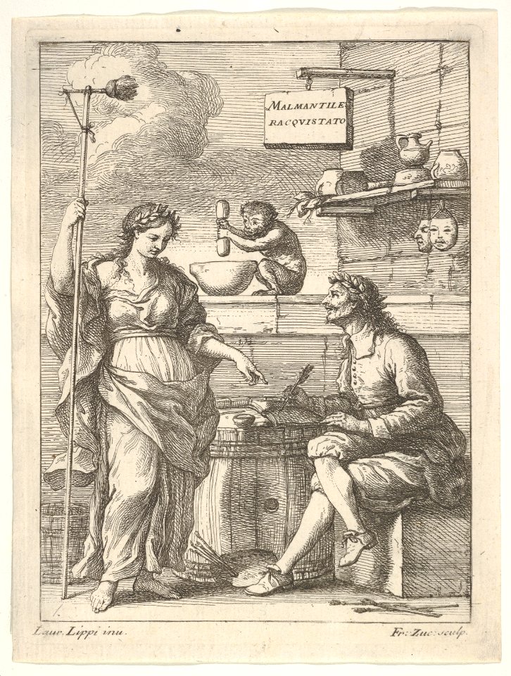 A monkey working a mortar and pestle, below Lorenzo Lippi (?) writing his humorous poem 'Malmantile Racquistato', a muse standing at left MET DP832514