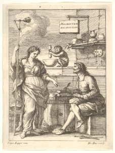 A monkey working a mortar and pestle, below Lorenzo Lippi (?) writing his humorous poem 'Malmantile Racquistato', a muse standing at left MET DP832514