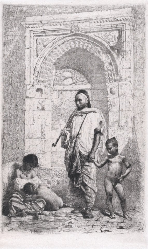 A Moroccan family in front of an arch, father standing, mother lower left on the ground holding a child MET DP876123