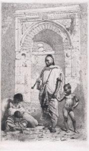 A Moroccan family in front of an arch, father standing, mother lower left on the ground holding a child MET DP876123