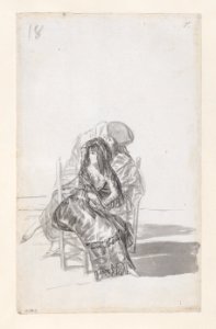A maja seated on a chair with a male and female companion Met DP888182