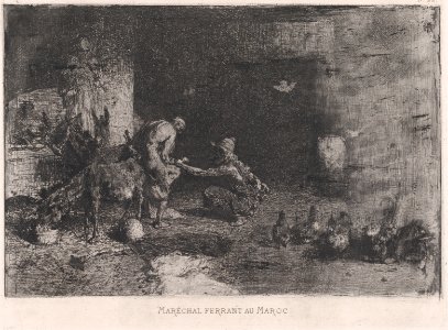 A Morrocan farrier at left accompanied by another figure attending to the hoof of a mule MET DP876139