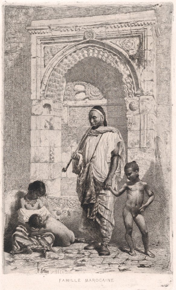 A Moroccan family in front of an arch, father standing, mother lower left on the ground holding a child MET DP876124