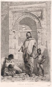 A Moroccan family in front of an arch, father standing, mother lower left on the ground holding a child MET DP876124