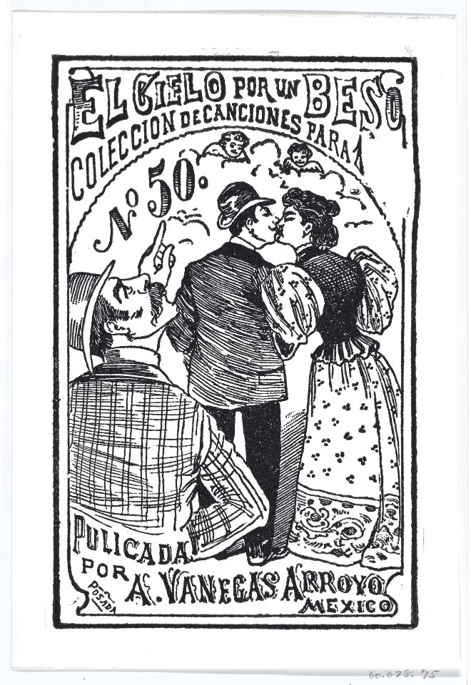 A man pointing to the heavens while a couple kisses in the background, illustration for ' El Cielo por un Beso,' published by Antonio Vanegas Arroyo MET DP869484