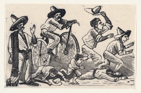 A man on a bicyle running over people, from a broadside entitled 'La Bicicleta' MET DP869372
