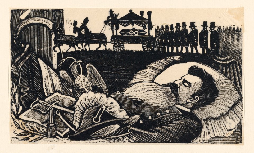 A man lying on his deathbed with a funeral cortege in the background, from a broadside entitled 'Arrival at the capital of the body of General Manuel Gonzalez' MET DP869605