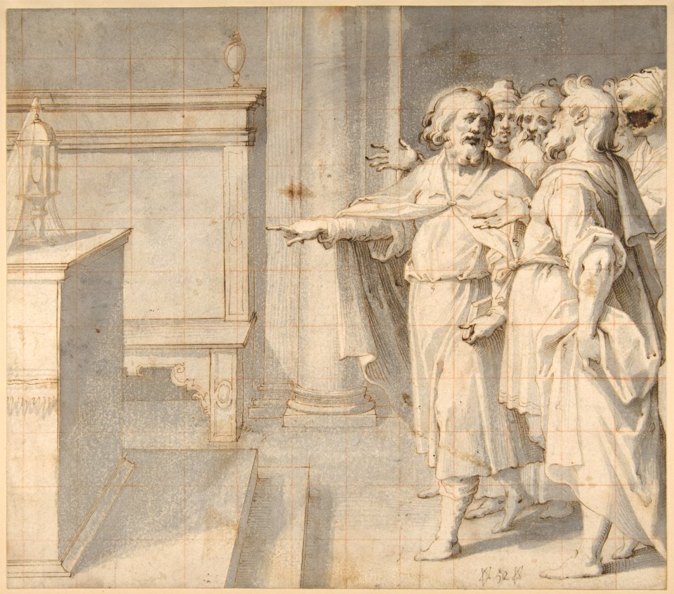 A Male Saint Followed by a Group of Men, Pointing to a Monstrance on an Altar MET DP812148