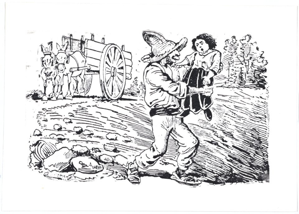A man in a hat kidnapping a child from a broadside entitled 'Los roba-chicos en acción' MET DP869405