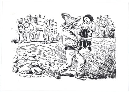 A man in a hat kidnapping a child from a broadside entitled 'Los roba-chicos en acción' MET DP869405