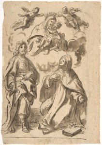 A Male and a Female Saint (Joseph of Aramathea? and Saint Catherine of Siena? Adoring the Virgin and Child in Glory (recto); Minerva Bellona with a Victorious Warrior (verso) MET DP810432